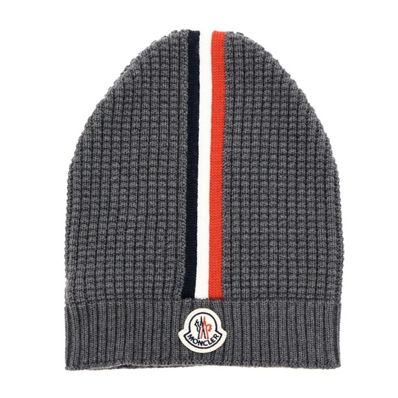 Moncler Beanie Hat Logo Striped Waffle Knit Wool New - Picture 1 of 5